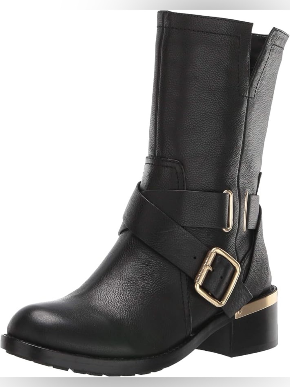 Vince Camuto Black Leather Mid-Calf Buckle Heeled Boots